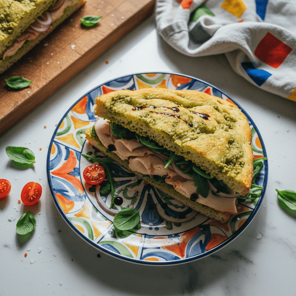 Focaccia Pesto and Turkey Sandwich