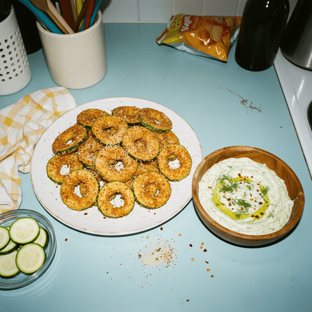 Crispy Zucchini Rings with Creamy Zucchini Core Dip