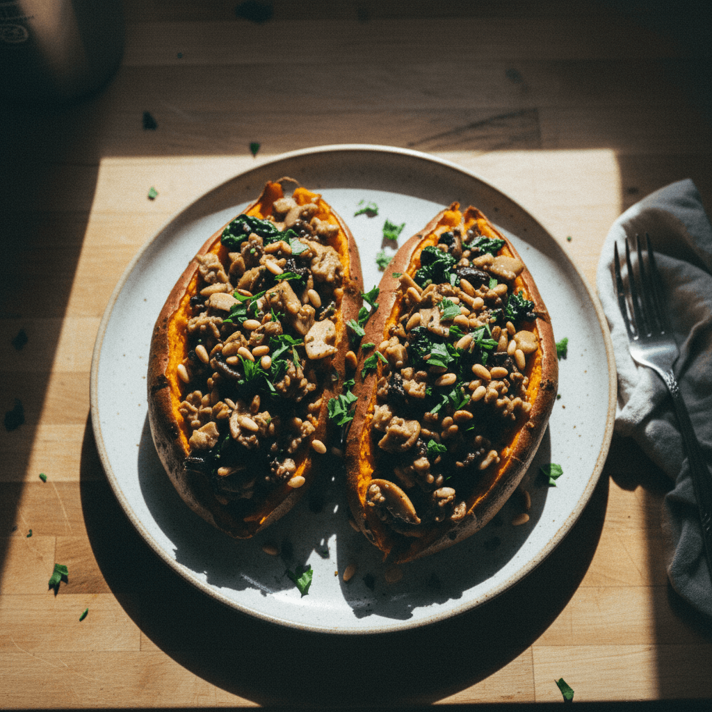 Mushroom and Spinach Stuffed Sweet Potatoes