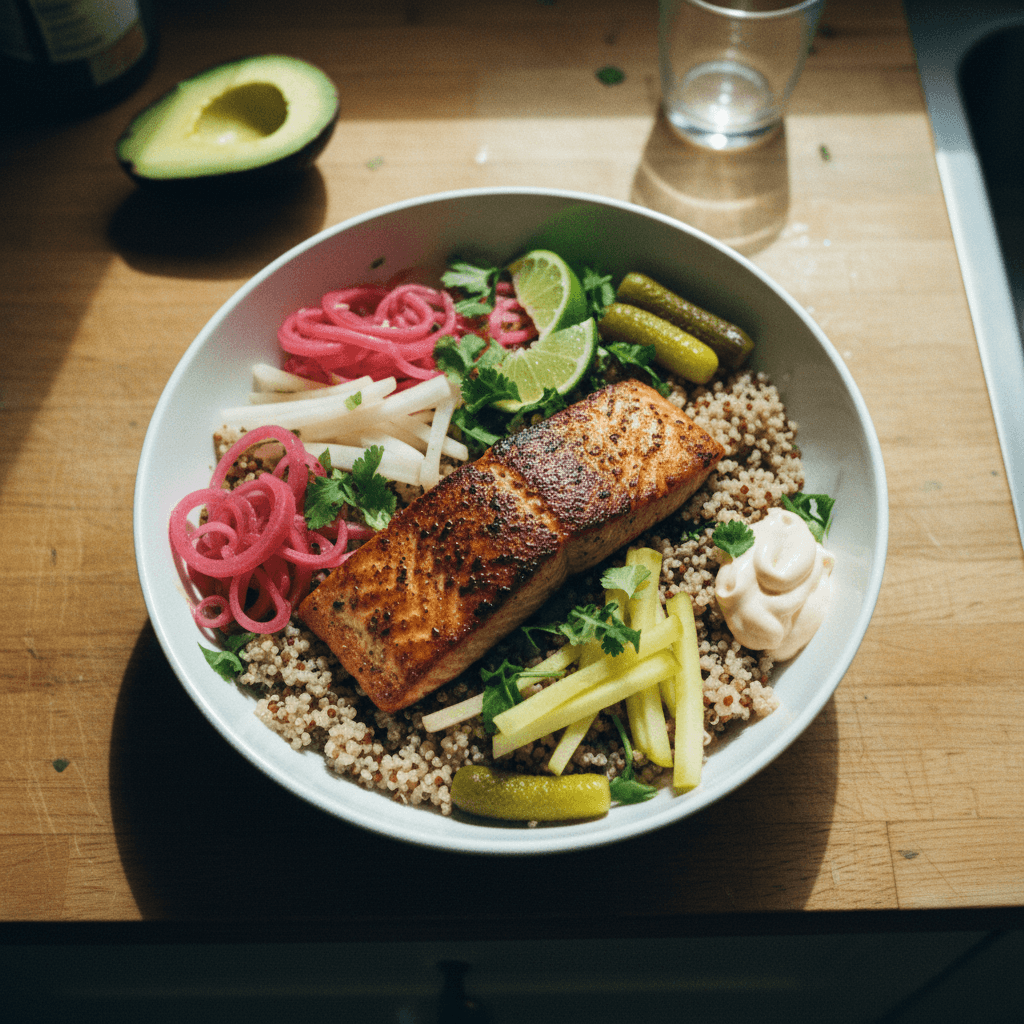 Seared Salmon Quinoa Bowl with Pickled Red Onions