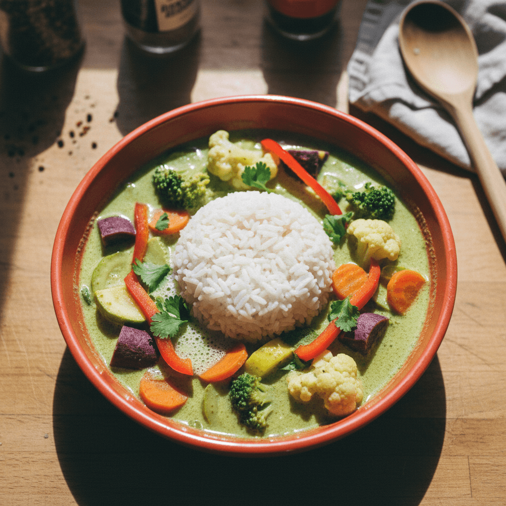 Vegan Green Curry with Mixed Vegetables and Jasmine Rice