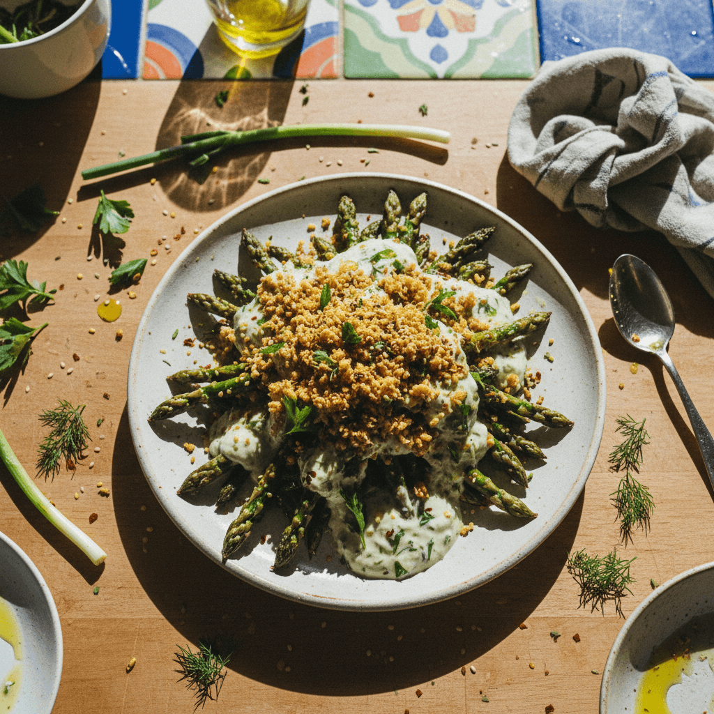Asparagus with Garlic Scape Yogurt & Za’atar Panko