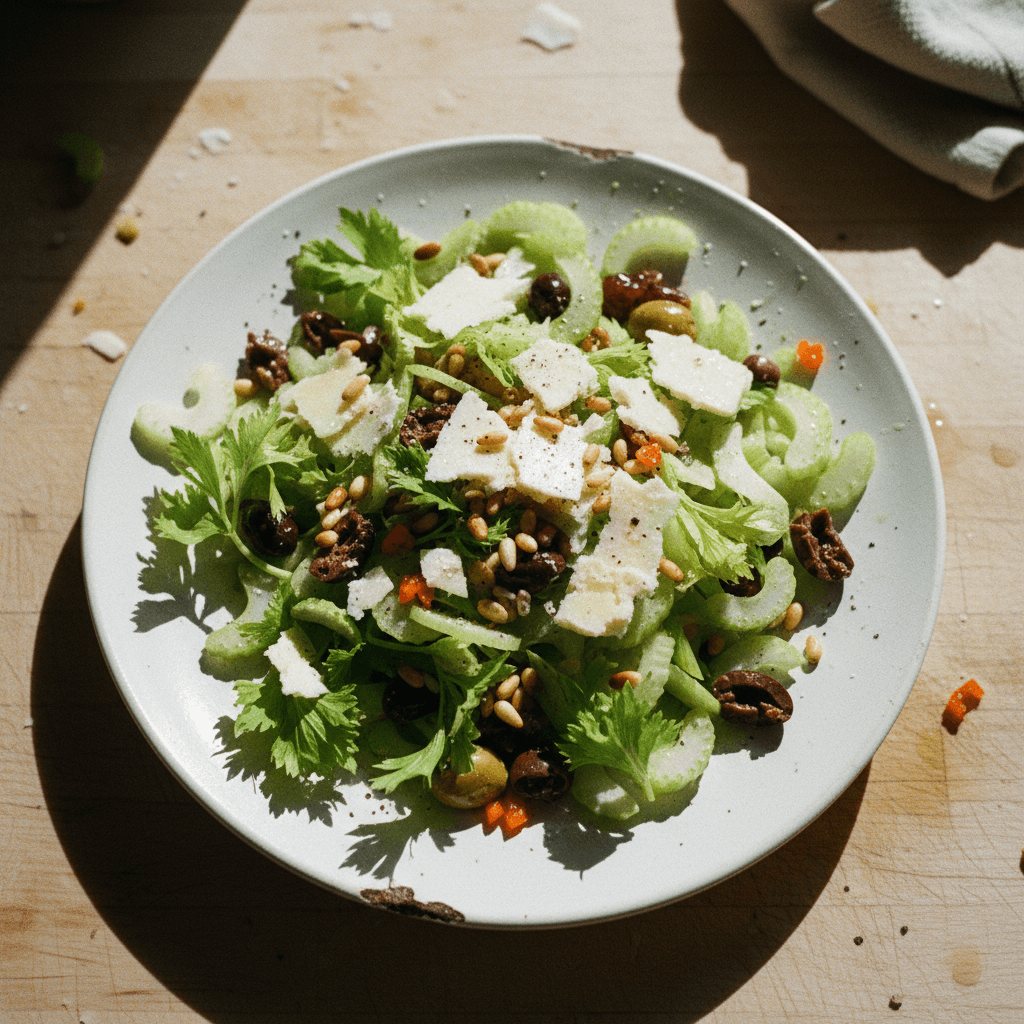 Celery Salad with Sheep's Milk Cheese, Pine Nuts, Dates, Olives, and Habanero
