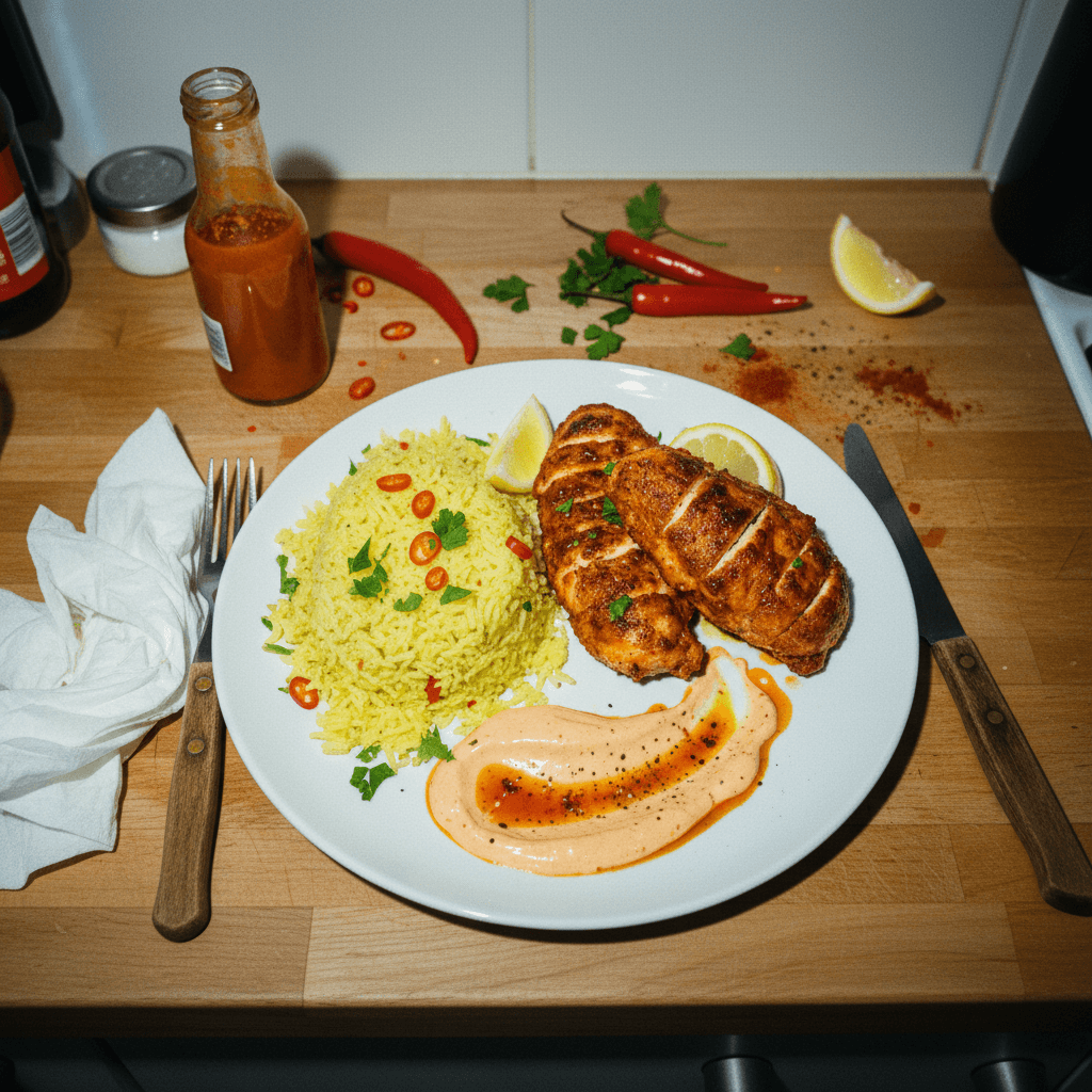 Spicy Yellow Rice, Peri Peri Chicken, and Peri Peri Cream Sauce