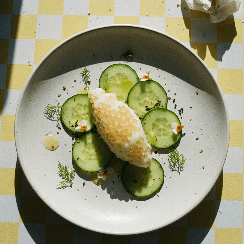 Yuzu Caviar, Scallop Gel, Compressed Cucumber