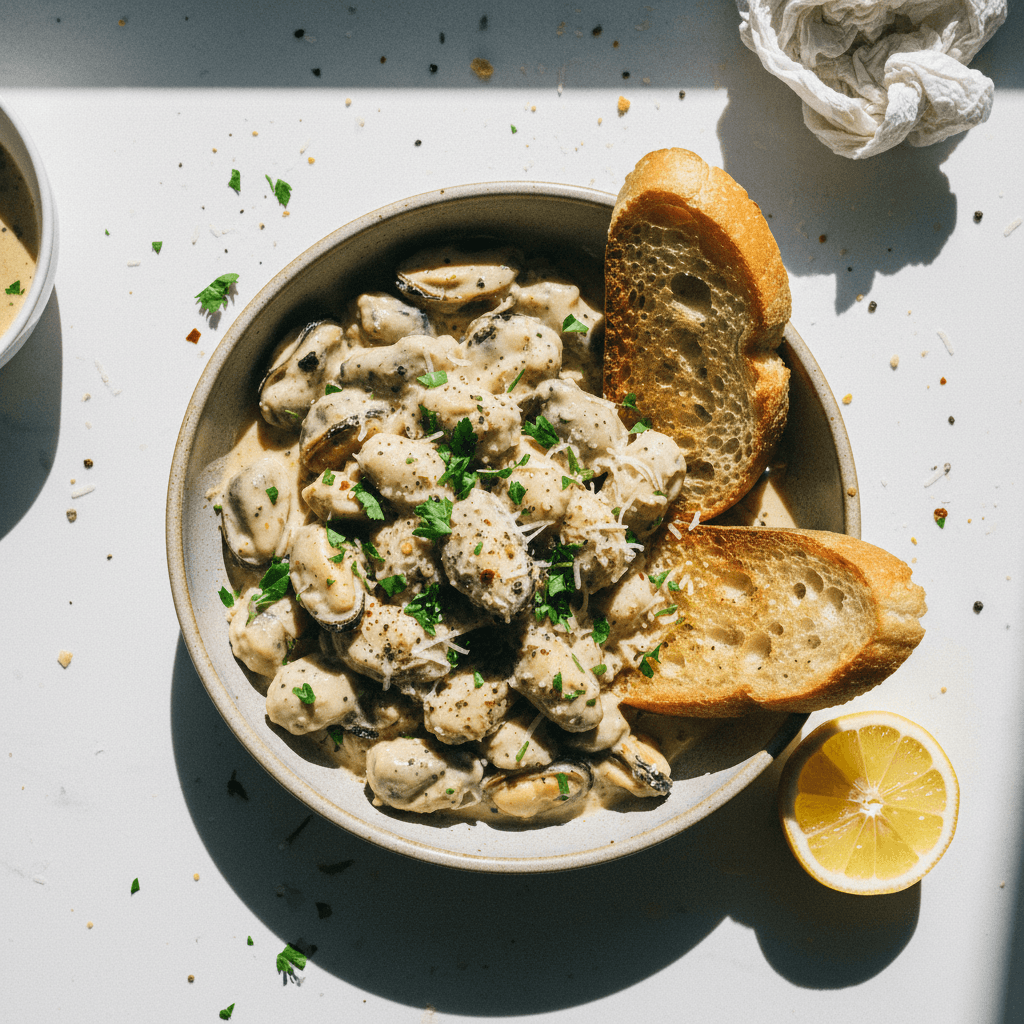 Creamy Tinned Oysters/Mussels with Garlic and Parmesan