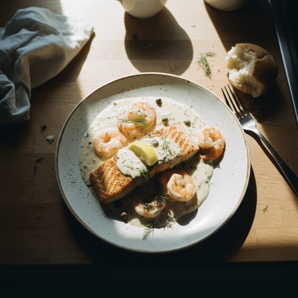 Pan-Seared Salmon and Shrimp with Cream