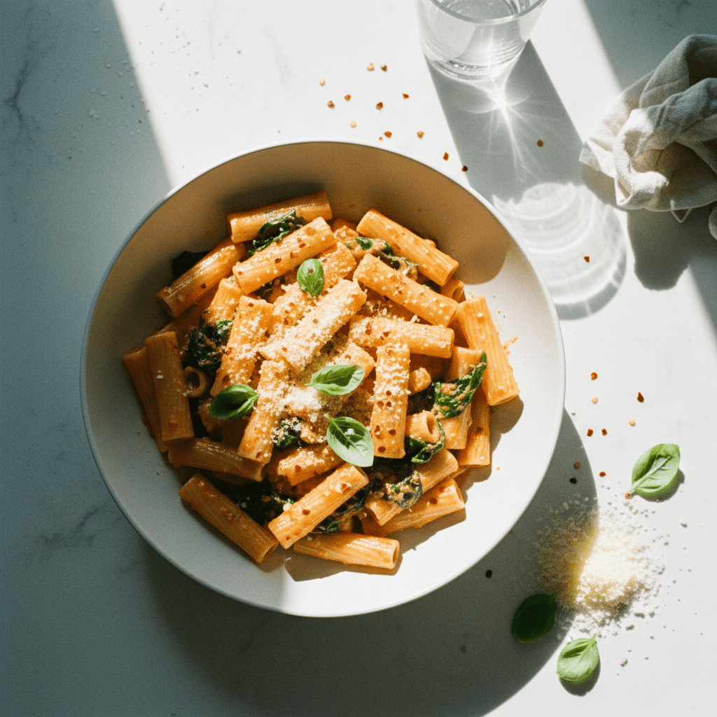 Spicy Vodka Rigatoni with Spinach