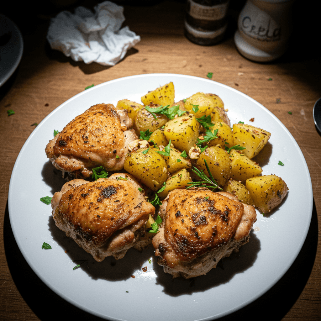 Roasted Chicken Thighs with Garlic Herb Potatoes and Broccoli