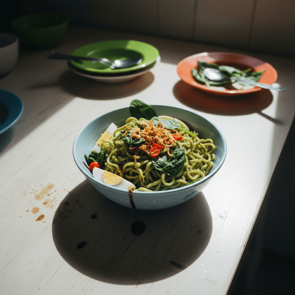 Mie Karet Telur Bayam