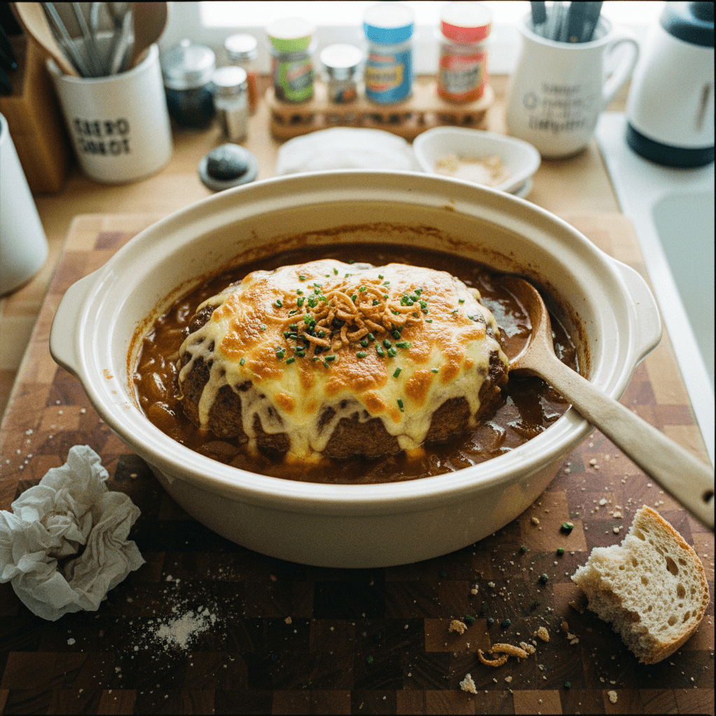 Crockpot French Onion Meatloaf and Melted Swiss Cheese
