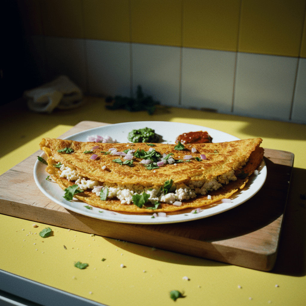 Crispy Besan Chilla with Crumbled Paneer