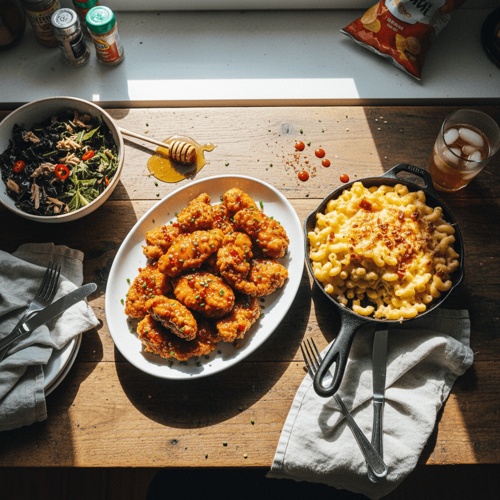 Southern Comfort Meal (Hot Honey Chicken Tenders, Baked Mac and Cheese, and Smoked Turkey Collard Greens)