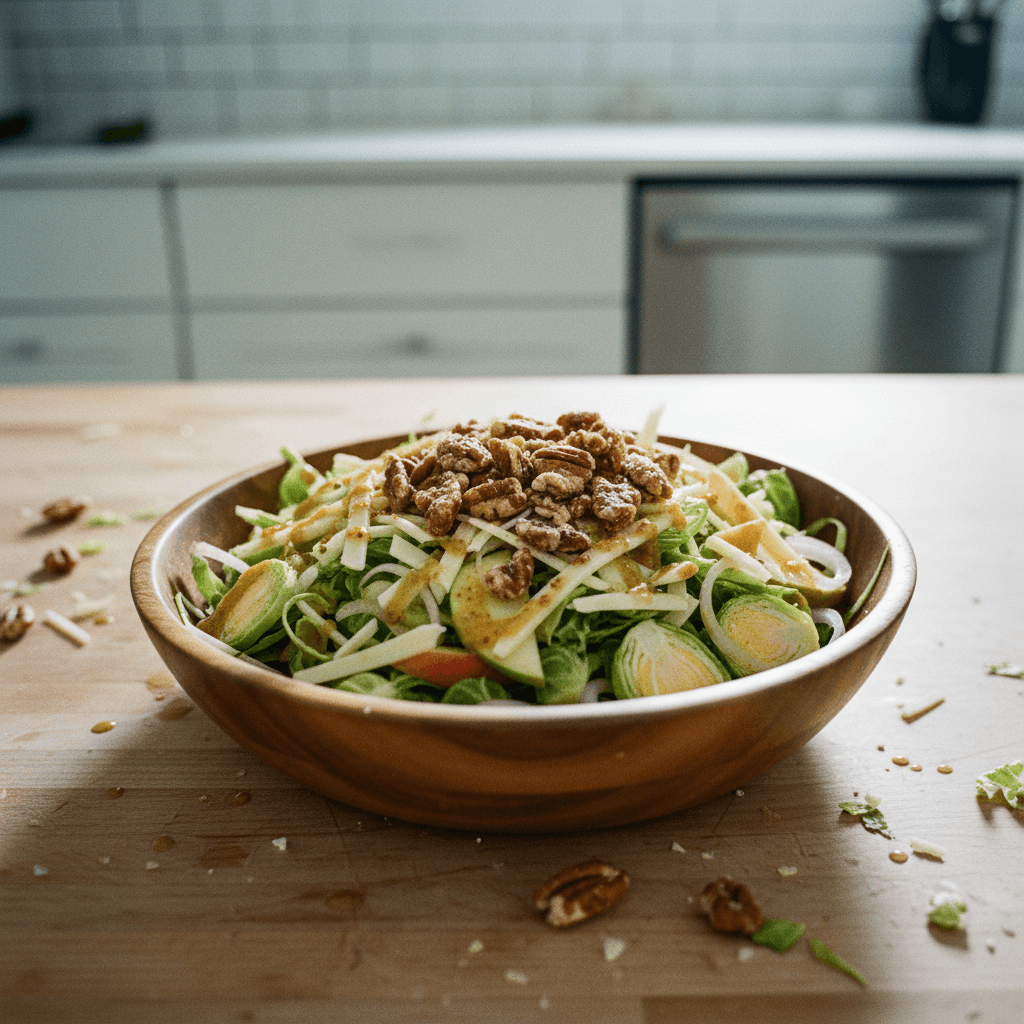 Honeycrisp & Cheddar Shaved Brussel Salad with Candied Pecans & Apple Cider Mustard Vinaigrette