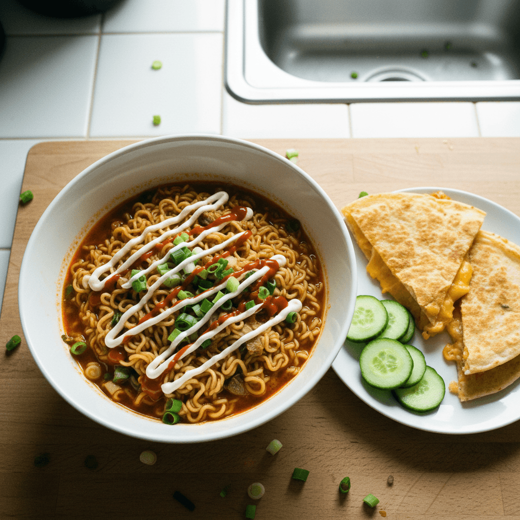 Lazy Ramen & Cheesy Tortilla Dinner