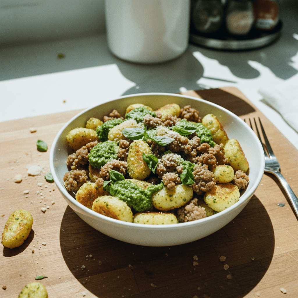 TJ's Cauliflower Gnocchi with Pesto & Sausage