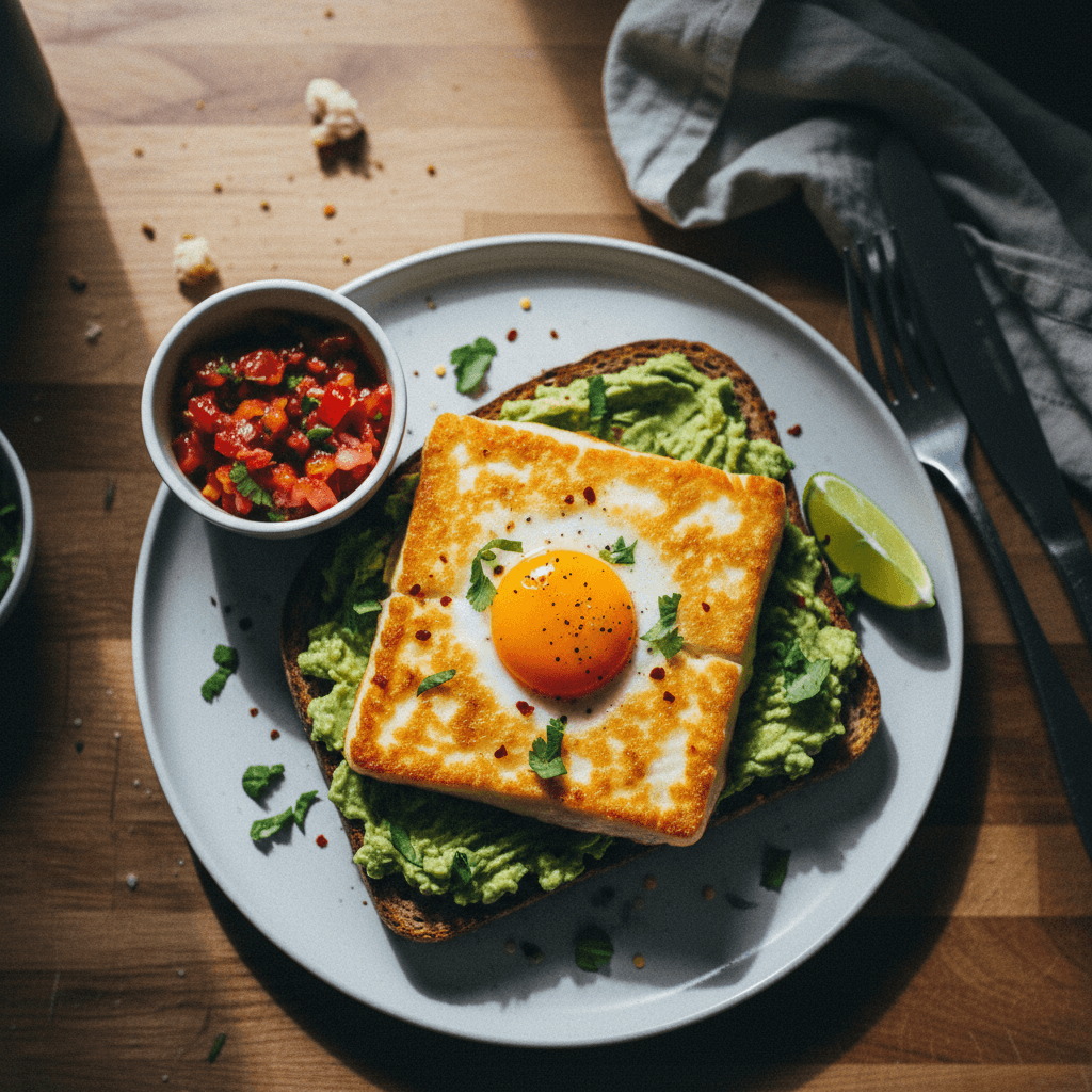 Crispy Halloumi Egg Parcel with Avocado Toast and Spicy Relish