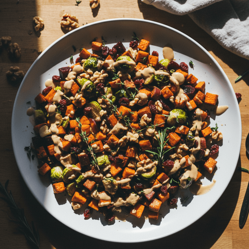 Roasted Brussels Sprout, Sweet Potato, and Beet Salad