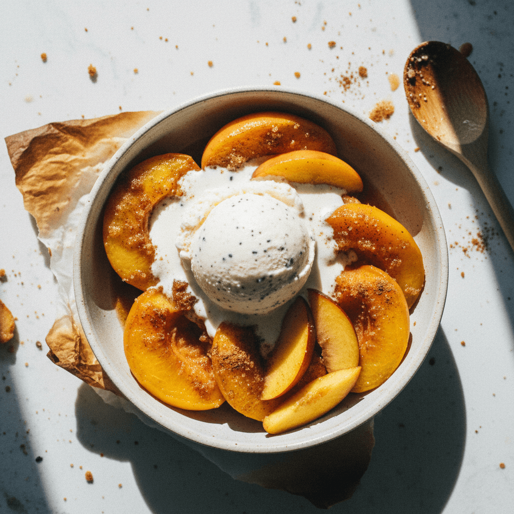 Cinnamon Air Fryer Peaches & Vanilla Bean Ice Cream