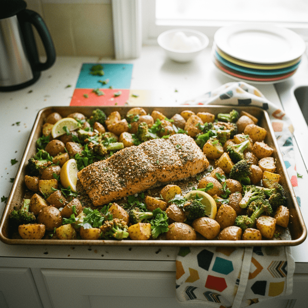 Trader Joe's Sheet Pan Salmon with Roasted Potatoes and Broccoli