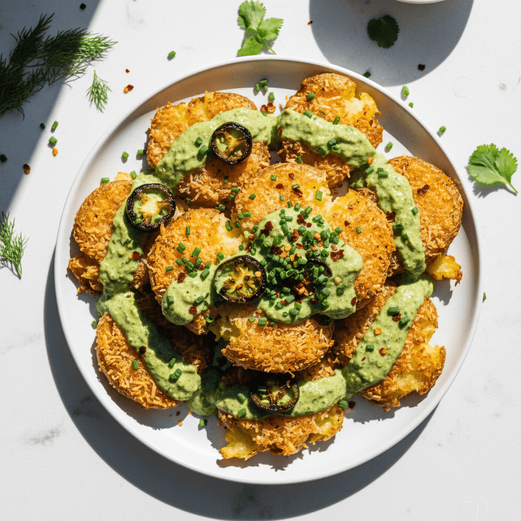Crispy Parm Crusted Smashed Potatoes with Roasted Garlic Jalapeño Sauce