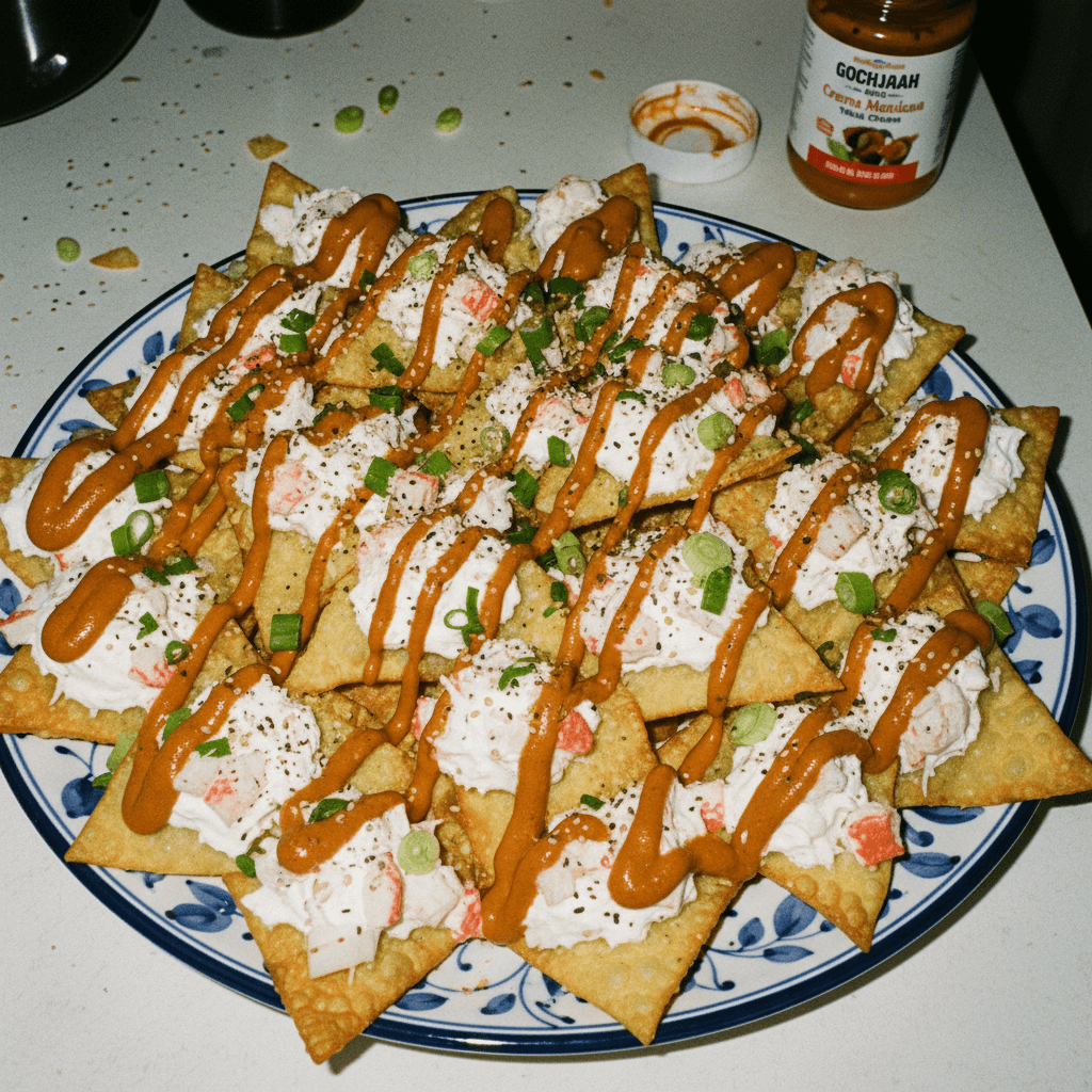 Crab Rangoon Wonton Nachos with Gochujang Crema