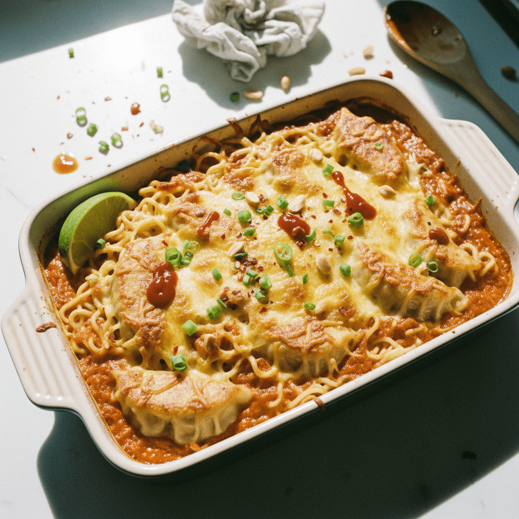 Creamy Peanut Ramen Noodles with Red Curry, Dumplings, and Cheesy Topping