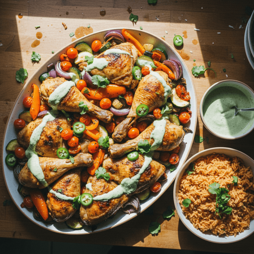 Marinated Roasted Chicken and Vegetables with Creamy Jalapeño-Cilantro Sauce