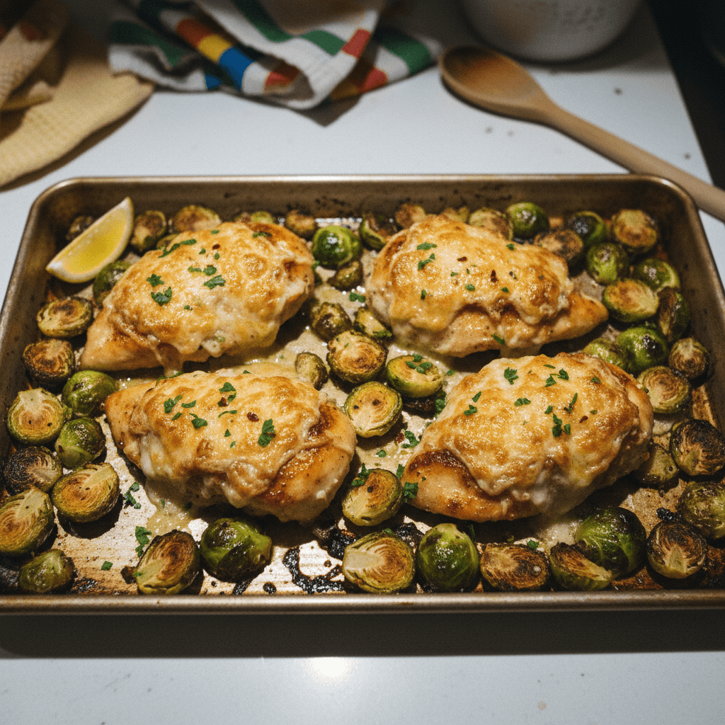 Sheet Pan Garlic & Gruyere Chicken with Brussels