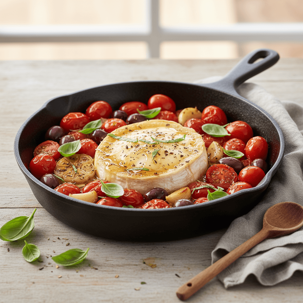 Baked Goat Cheese with Honey Tomatoes and Kalamata Olives