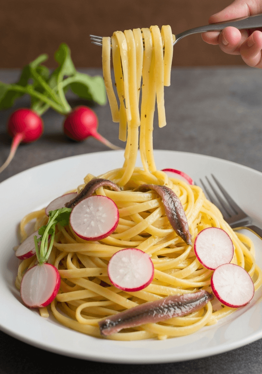 Anchovy Butter Pasta with Radishes