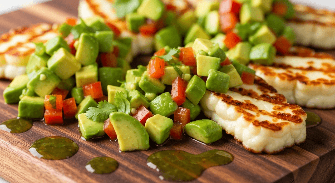 Spicy avocado salsa with grilled halloumi