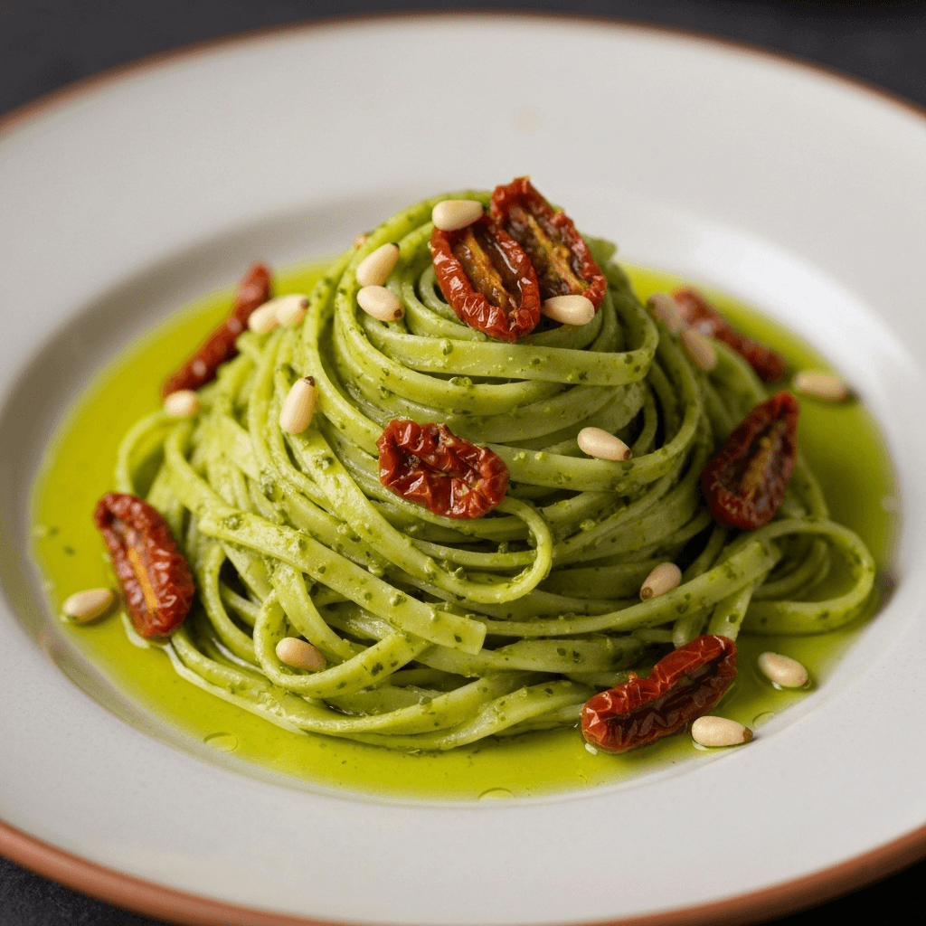 Pesto pasta with sun-dried tomatoes