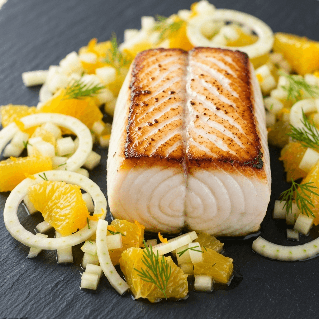 Seared halibut with citrus-fennel salsa