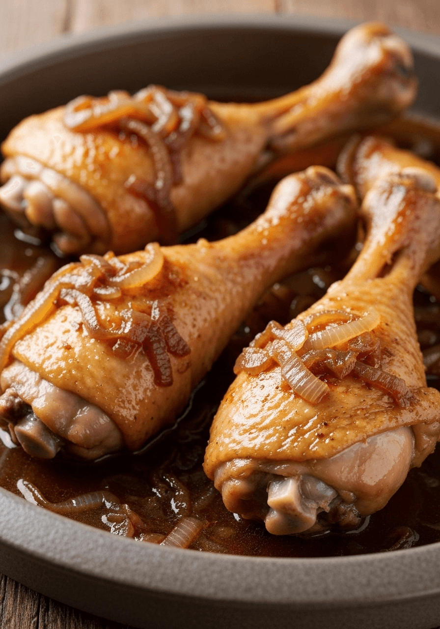 Caramelized onion braised chicken legs