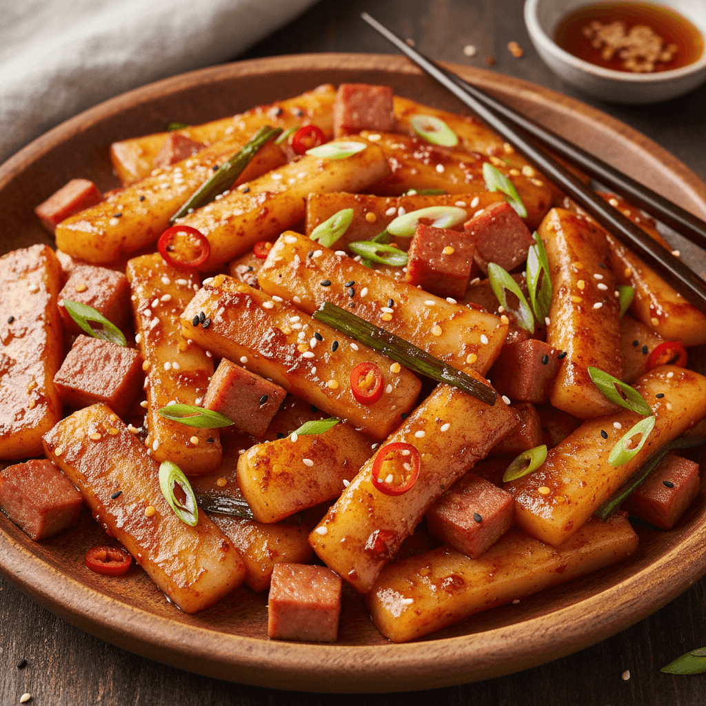 Spicy Spam & Scallion Rice Cakes