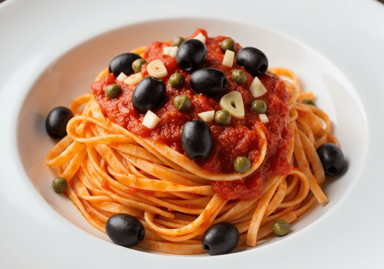 Puttanesca pasta with olives, capers