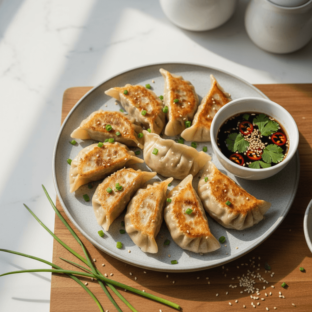 Pork and Chive Dumplings with Garlic Green Beans