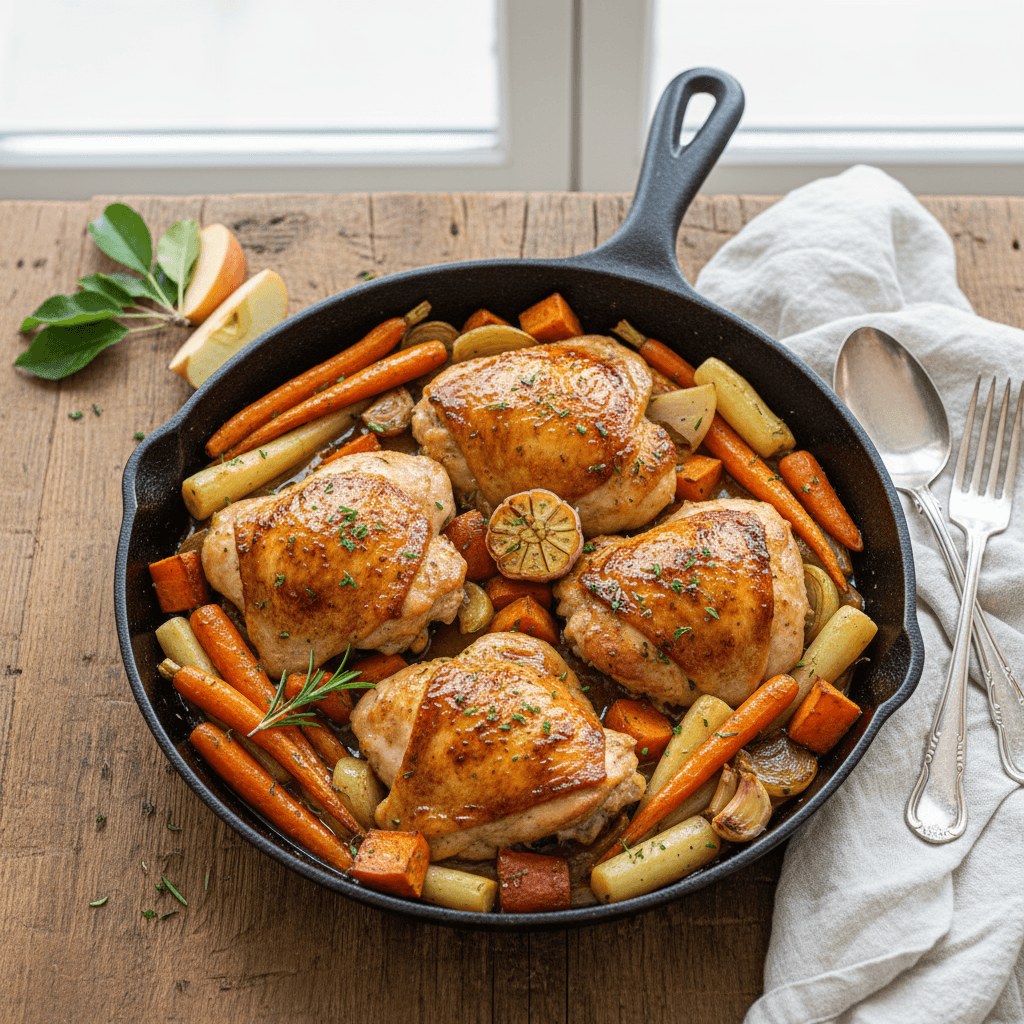 Apple Beer Roasted Chicken Thighs with Root Vegetables